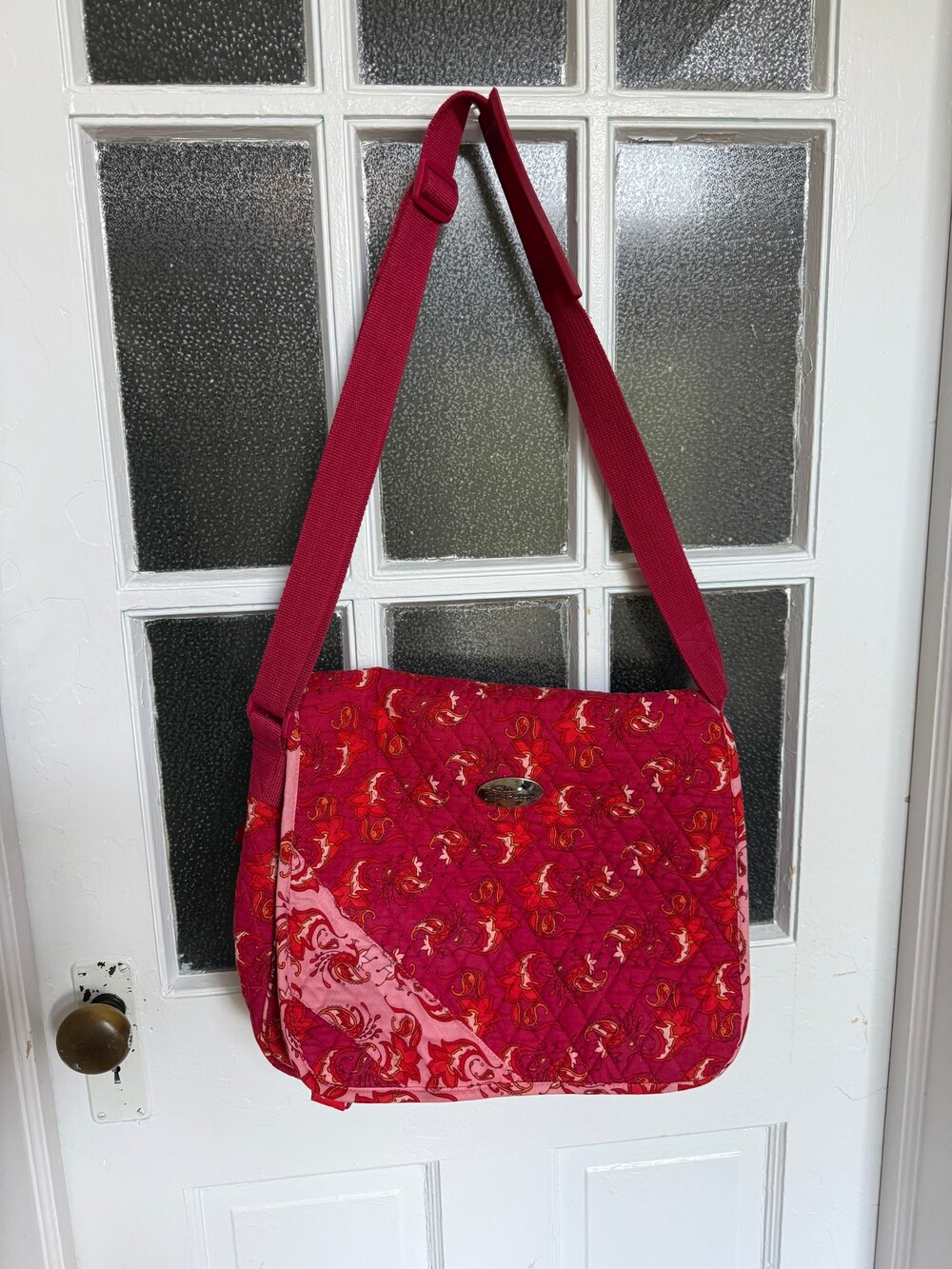 She's Got Baggage Quilted Messenger Crossbody Bag Red Pink Floral Paisley